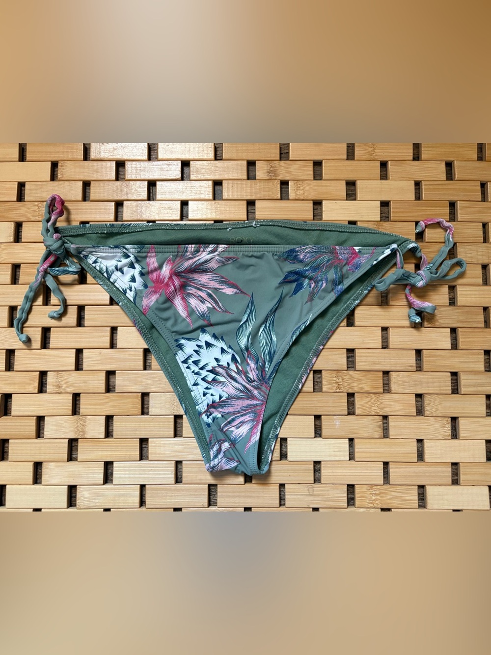 Roxy Olive Floral Tie-Side Bikini Bottom with Pink & Blue Prints sz L - Picture 1 of 8